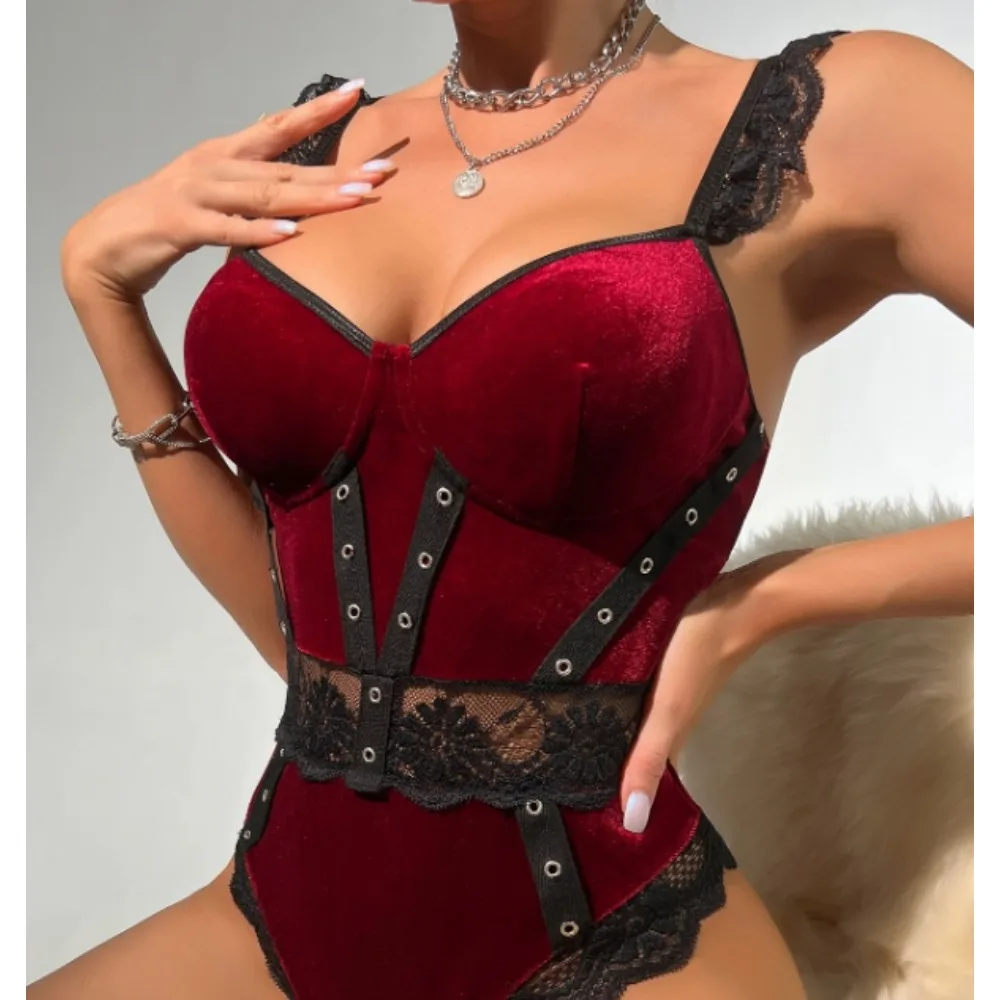 Hotsweet Vintage Strap Elegant Sleeveless Chic Lace Spliced Velour High Split Bodysuits Sexy Beach Vacation High Street Jumpsuit