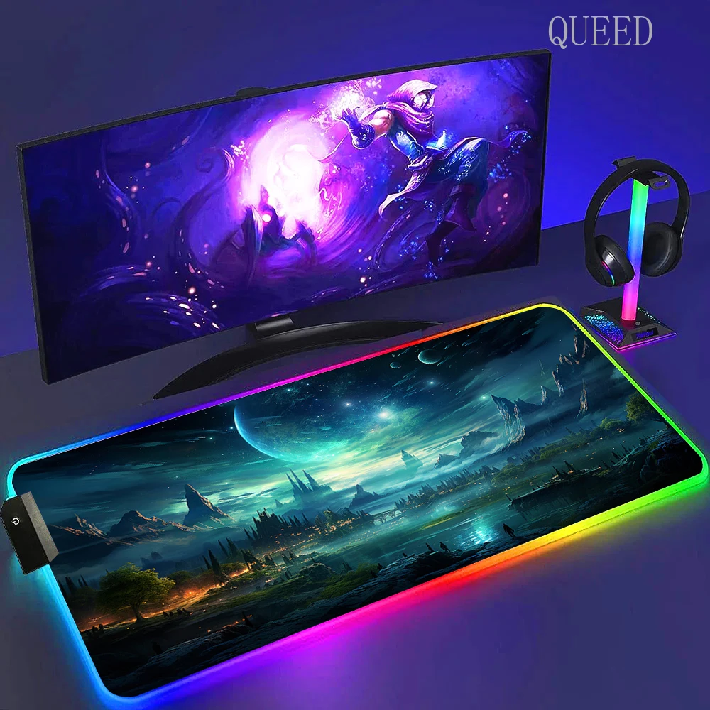 Led Large Desk Mat Fantasy Mountain Landscape Rgb Mousepad Carpet with Backlight Mausepad Lockrand Colorful Mouse Pad Desk Mats