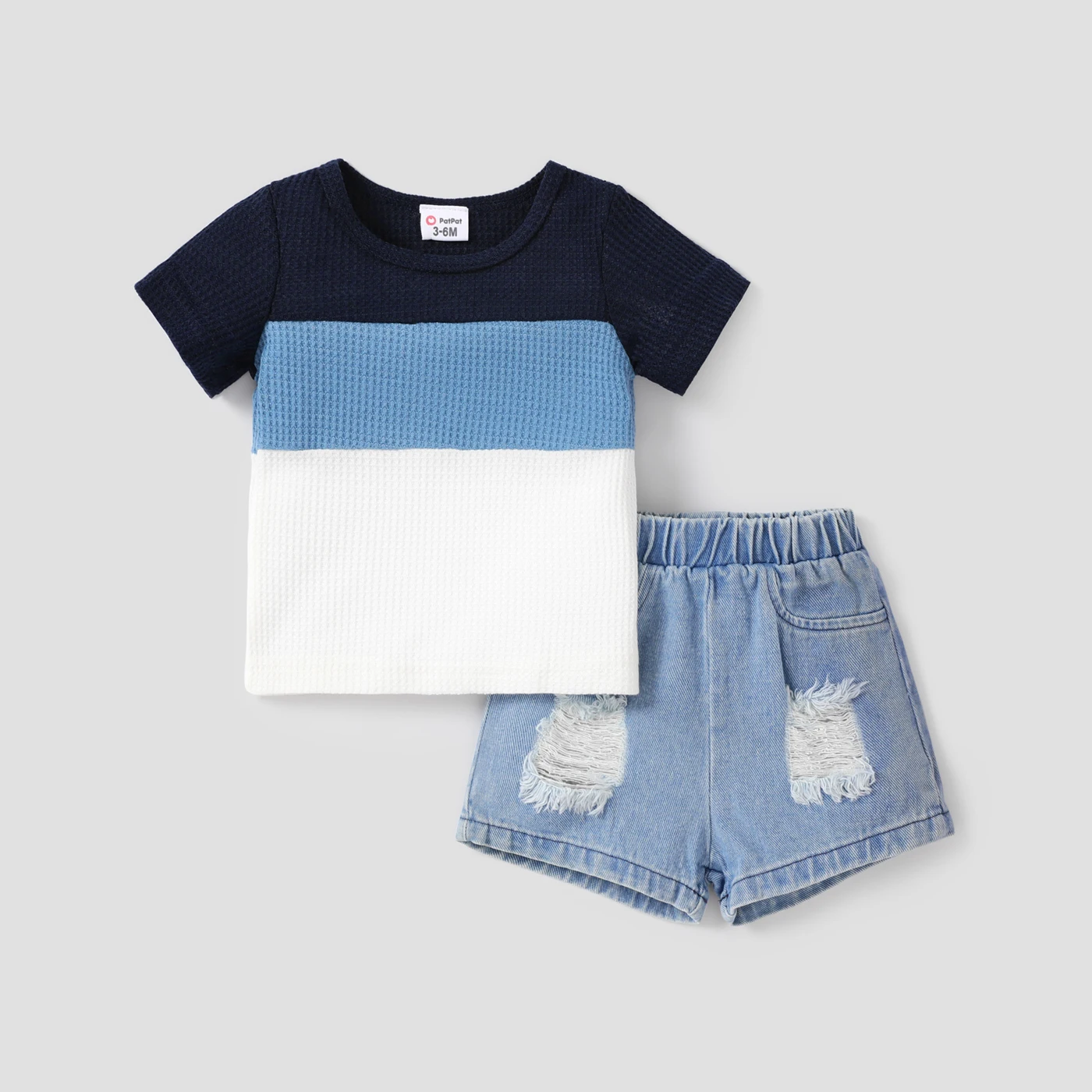 PatPat 2pcs Baby Boy Color Block Waffle Top and 100% Cotton Ripped Denim Shorts Set