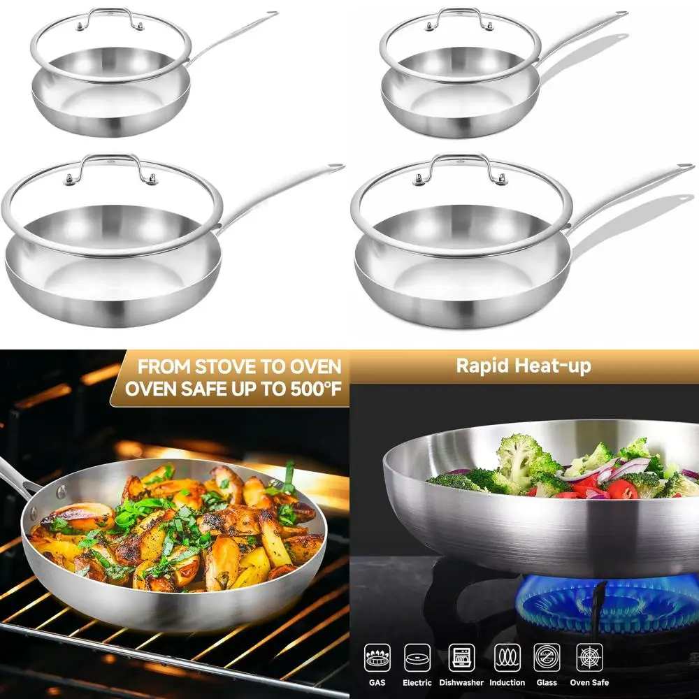 

8.5-12 Inch Tri-Ply Stainless Steel Frying Pan Set with Lids, Induction Compatible, Oven and Dishwasher Safe, Removable Handles
