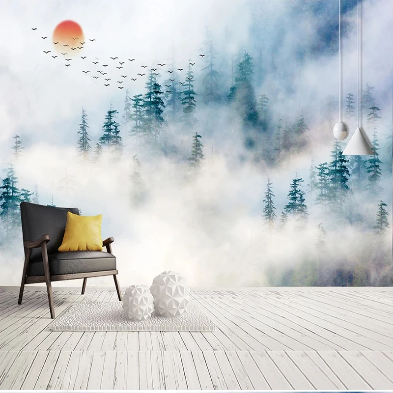 Custom Mural Wallpaper Nordic Art Cloud Forest Birds Fresco Living Room Study Art Home Decor Waterproof 3D Sticker