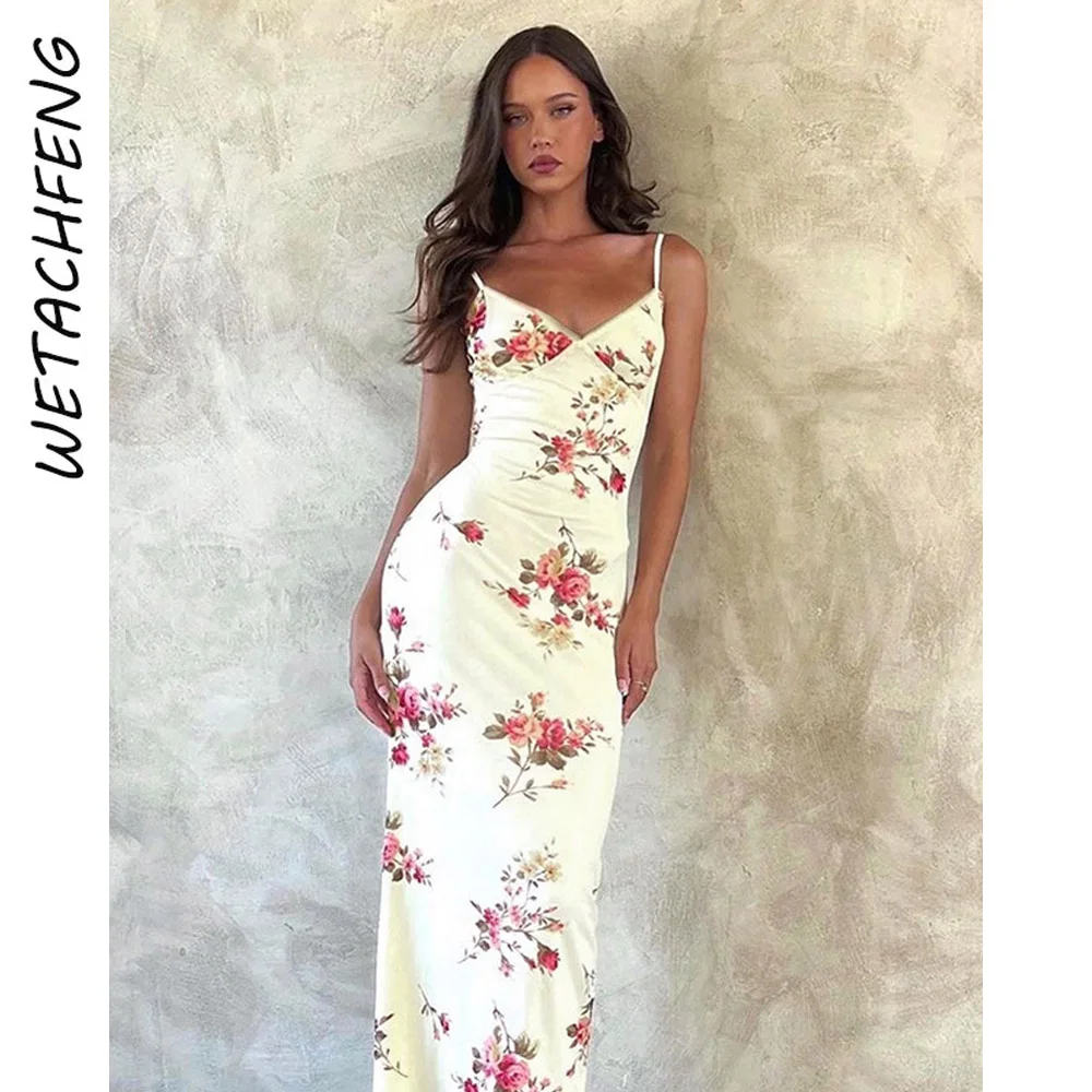 Abito lungo slip sexy bianco Abito lungo aderente floreale con scollo a V Abito da sera estivo per feste 2025 Nuovo arrivo Beach Boho Holiday Abiti femminili