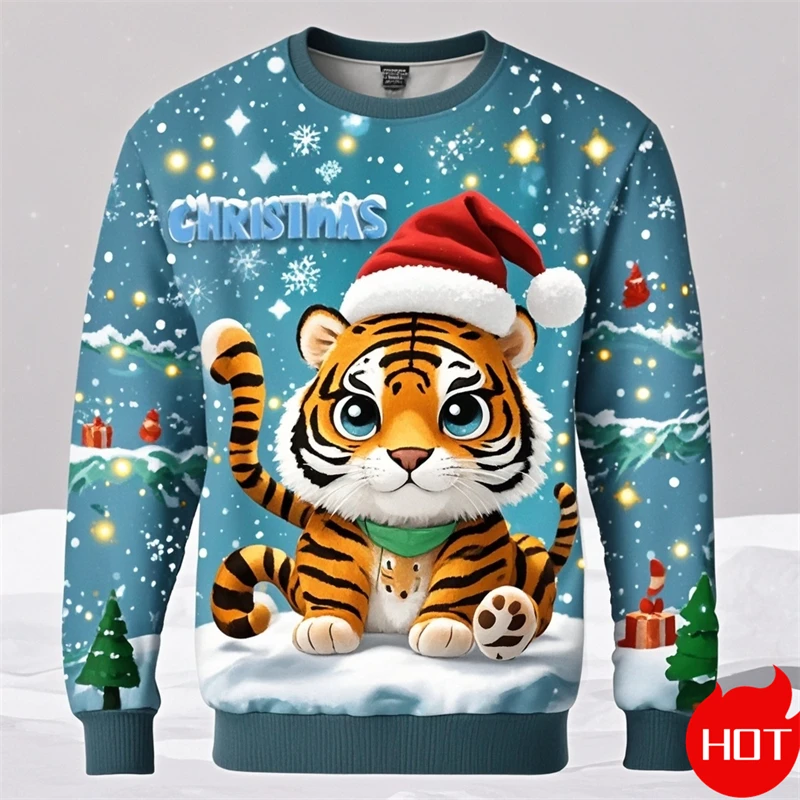 Pullover Sweatshirt For Men Christmas Anime Tiger Graphic 3D Printed Long Sleeve Tops Oversized O-Neck Pullovers Casual Clothing