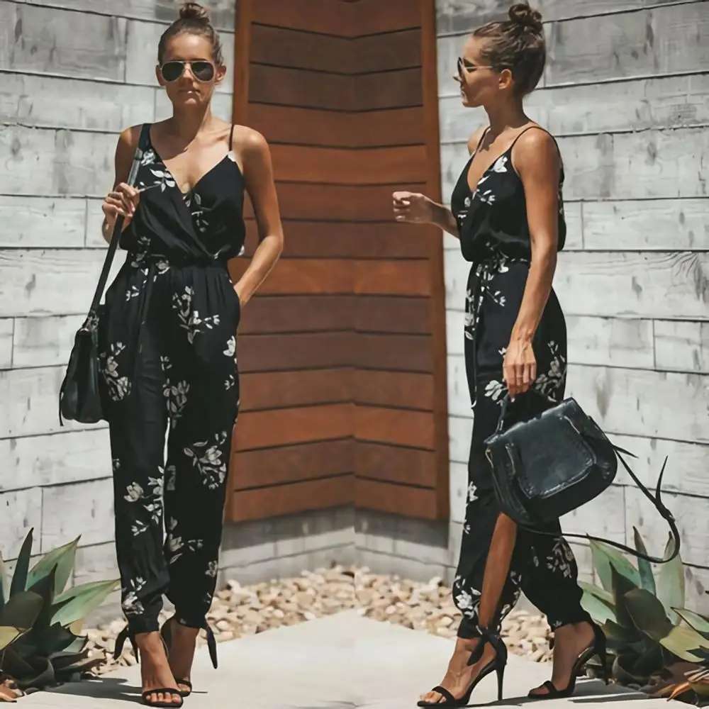 Women Summer Sexy Backless Casual Deep-V Floral Print Strappy Jumpsuits Romper