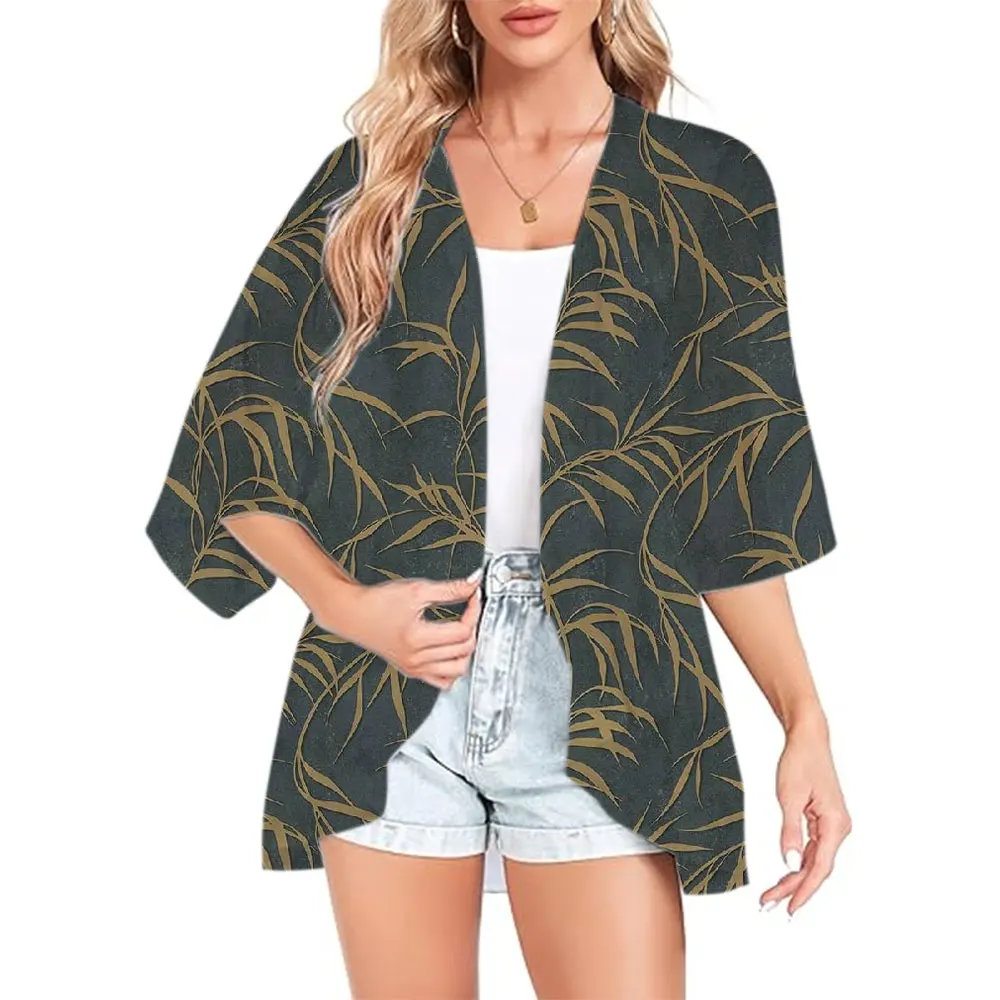 Verano Kimono traje de baño abrigo 3d hoja impresa playa cubrir Casual Kimono Cardigan Tops de gran tamaño vacaciones Sexy cubre capa