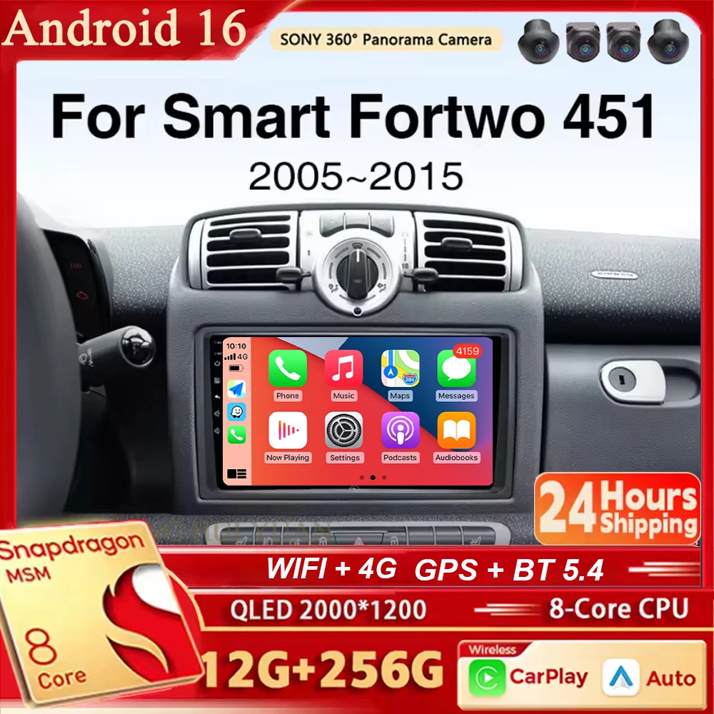 Android 16 For Mercedes Benz Smart Fortwo 451 2005 - 2010 Car Radio Stereo GPS Navigation Multimedia Player Wireless CarPlay