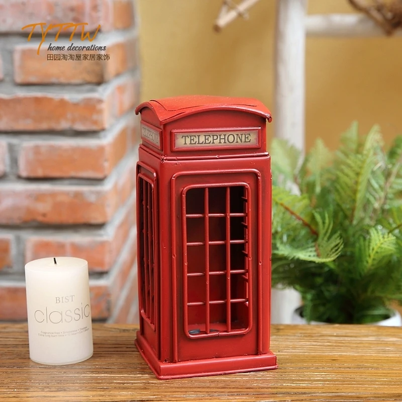 ‌Antique London Double Decker Bus & Vintage Phone Replica - Handmade Iron Desk Ornaments for British Theme Home Decor Collection