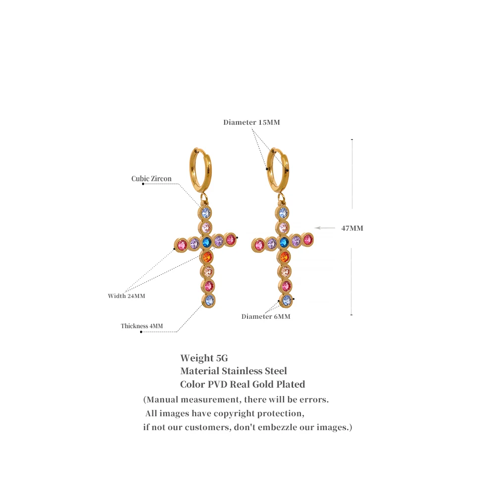 Yhpup Waterdichte Kleurrijke Zirkonia Rvs Cross Drop Oorbellen Mode Dagelijkse Mannen Vrouwen Unisex Gouden Sieraden