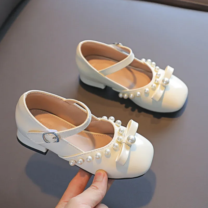 

Spring Autumn Princess Pearl Bow Leather Wedding Shoes White Children's Mary Janes Big Girls Dance Footwear Fashion Kids Loafers