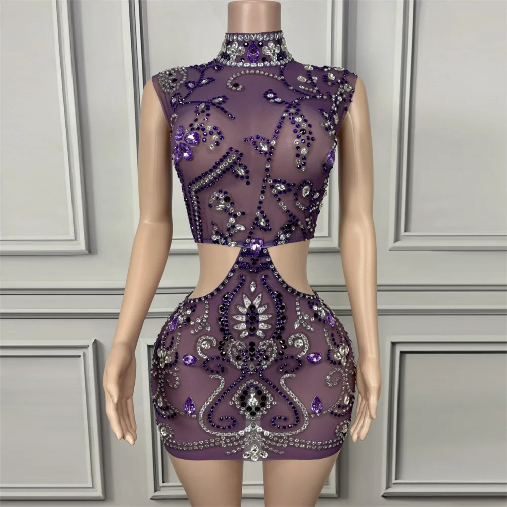 

Women Sexy Purple High Stretch Sparkling Rhinestone Mini Dress Elegant Evening Party Nightclub Singer Stage Performance Costume