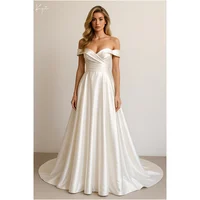 Kyoto personalizar marfil fuera del hombro plisado vestido de novia Línea A corte tren vestidos de novia con cordones en la espalda vestidos de noche