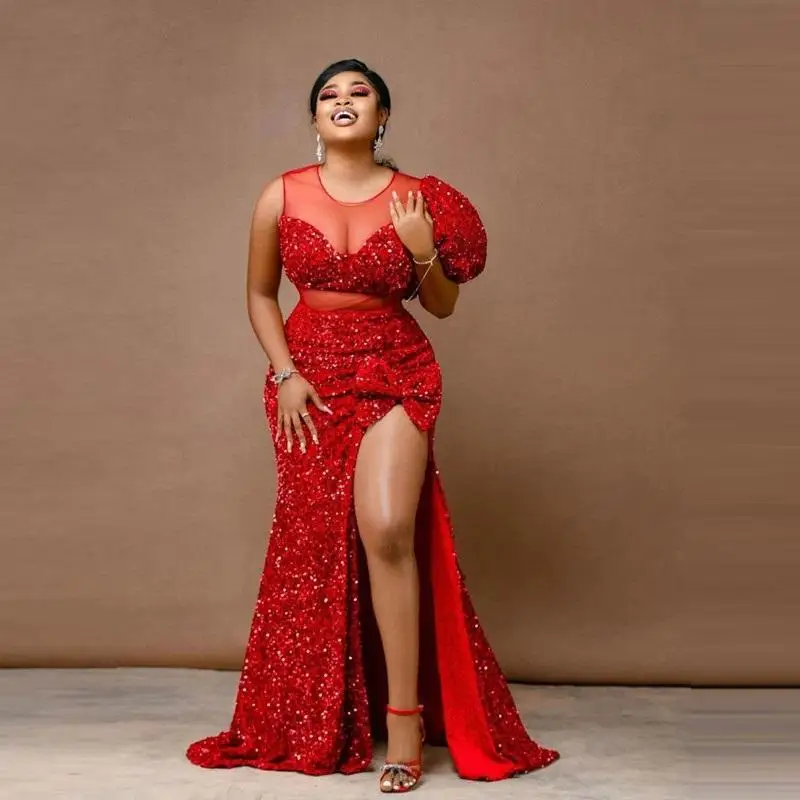 

Red Sequin Mermaid Prom Dress Aso Ebi Style Side Slit Evening Dress Round Neck Wedding Formal Party Dress Plus Size Custom
