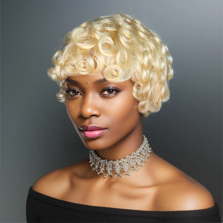 

613 Блондинка Chioma Curly Pixie Cut Парики 100% человеческие волосы для женщин, парик из человеческих волос Remy Fashion Machine Make Парик с челкой