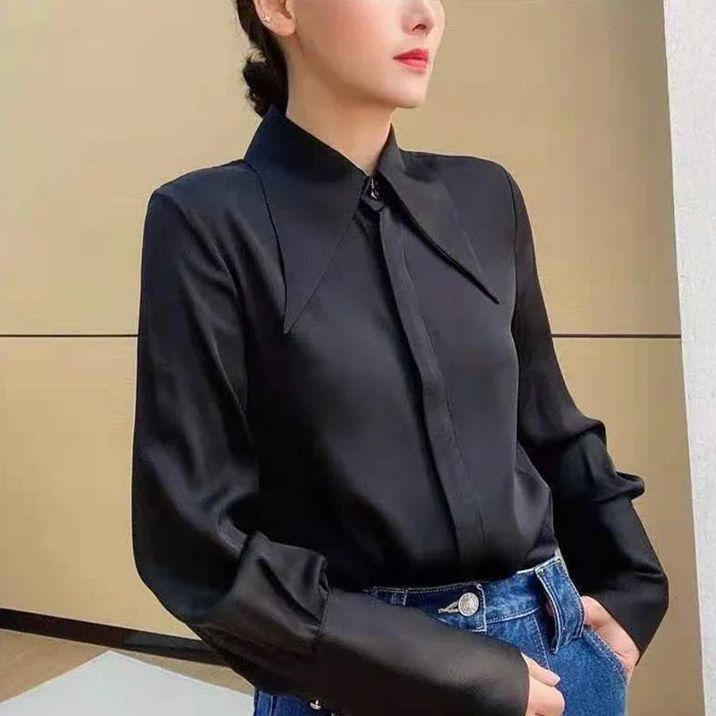 Autumn Temperament Buttons Solid Color Turn-down Collar Long Sleeve Blouse Women Clothing Elegant Irregular Loose Shirts Ladies