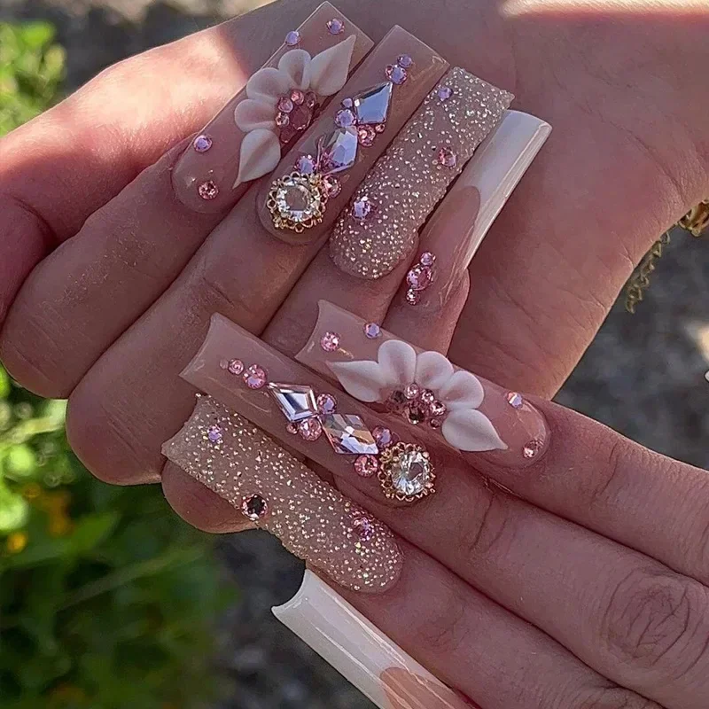 24Pcs White French False Nails Long Coffin Flower Butterfly with Rhinestones French Design Wearable Fake Nails Press on Nails