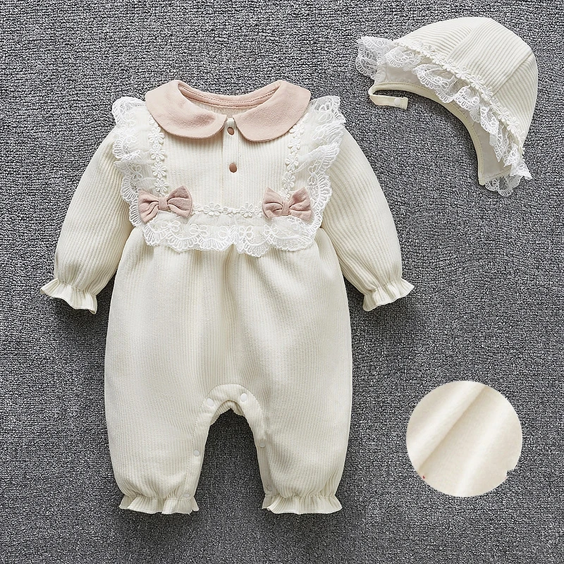 Autumn Winter Newborn Baby Girls Clothes Long Sleeve Fleece Warm Lace Flowers Jumpsuit Girls Rompers + Hats