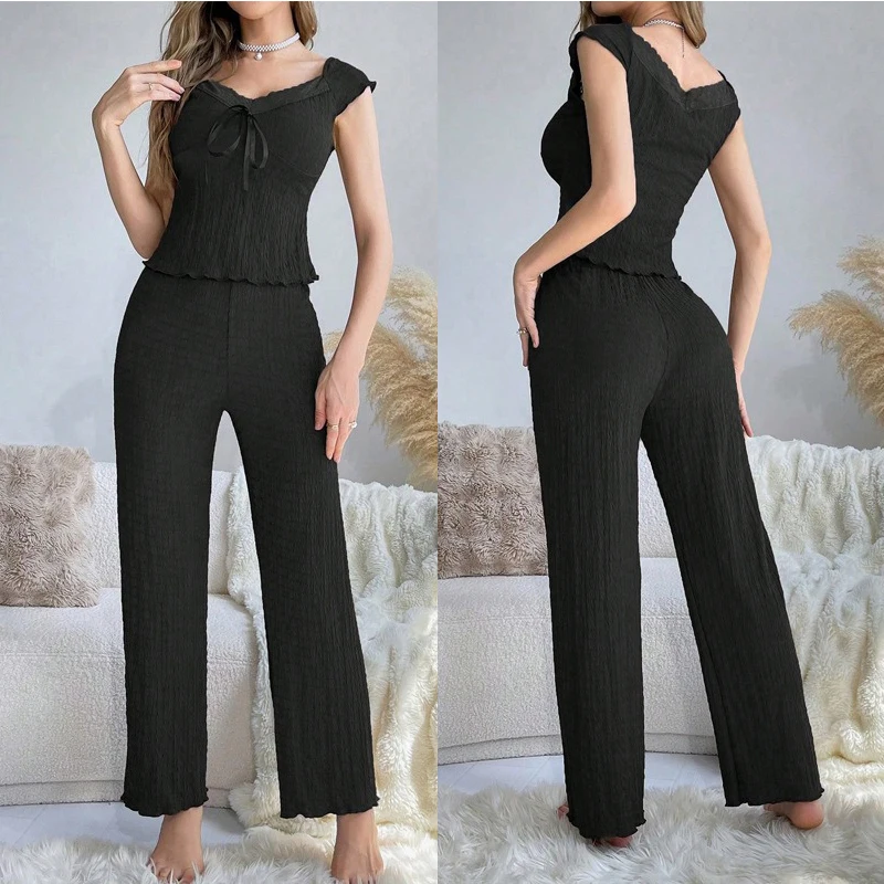 

Пижамы, комплект из 2 предметов, женские топы, брюки, кружевная ночная рубашка, костюм, домашняя одежда с v-образным вырезом, одежда для сна на шнуровке, летний ансамбль, одежда для дома