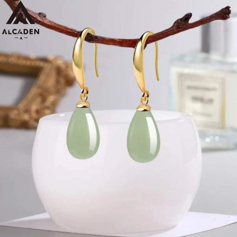 Retro Palace Simple Hotan Jade 316L Stainless Steel Women  Earrings Classic Elegant Ethnic Jewelry Anniversary Gift