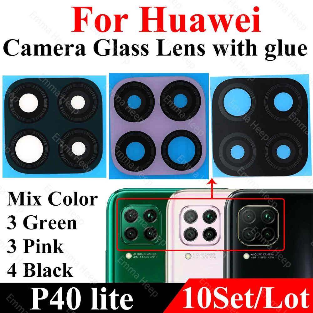 Lente de Cristal de cámara trasera para Huawei P30, P40, P50, P20 Pro Lite E P40Lite, vidrio de cámara con pegatina adhesiva, venta al por mayor, 10