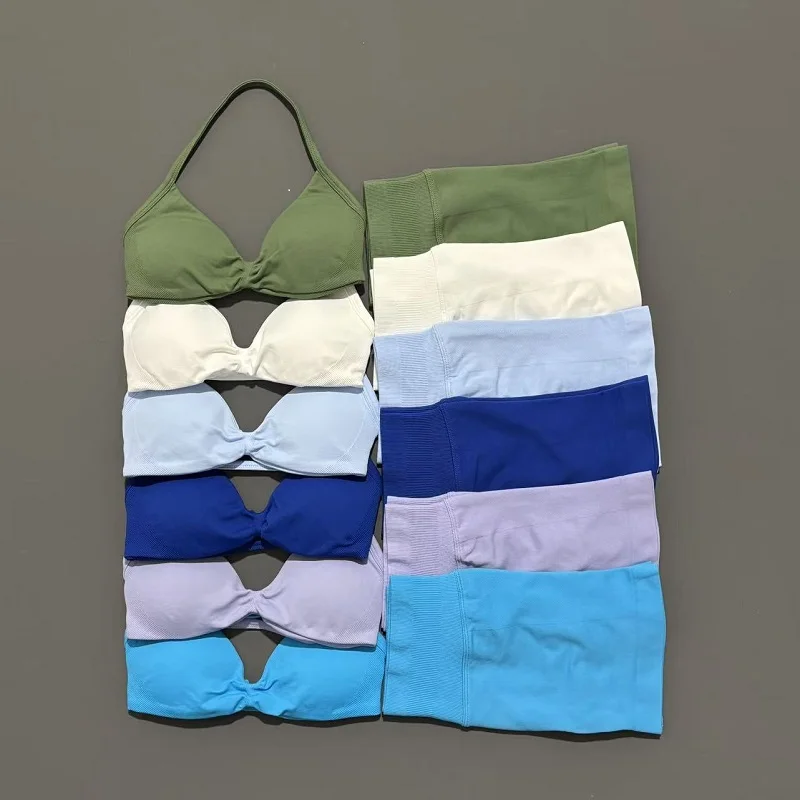 Conjunto deportivo de 2 piezas para gimnasio, sujetador de tiras, ropa interior de Yoga, mallas deportivas cortas, ropa deportiva para correr en bicicleta, conjunto de Yoga sin costuras para mujer