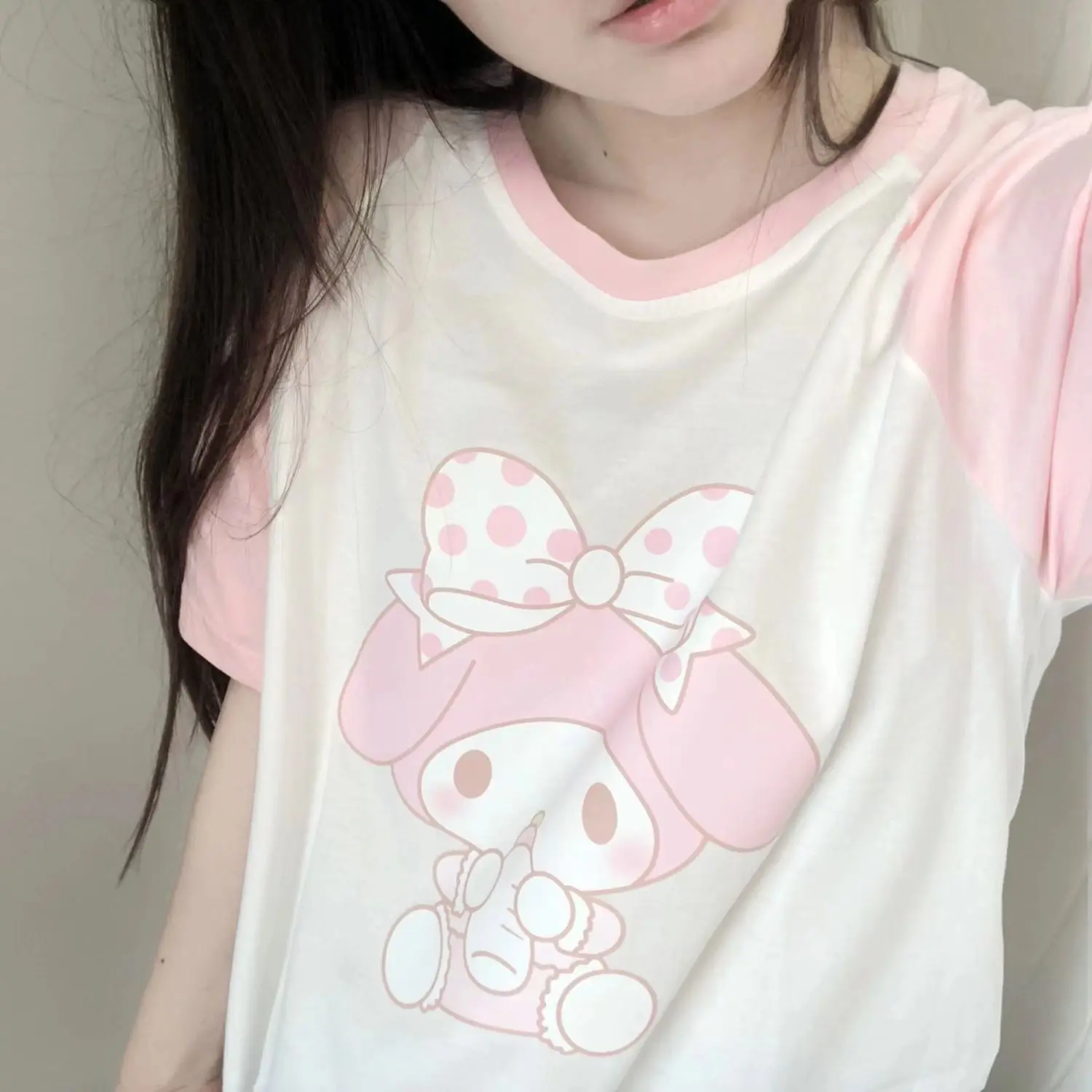 

Женская футболка Sanrio с коротким рукавом, милая мультяшная аниме Моя Мелодия, летний топ в стиле колледжа, хороший подарок на день рождения