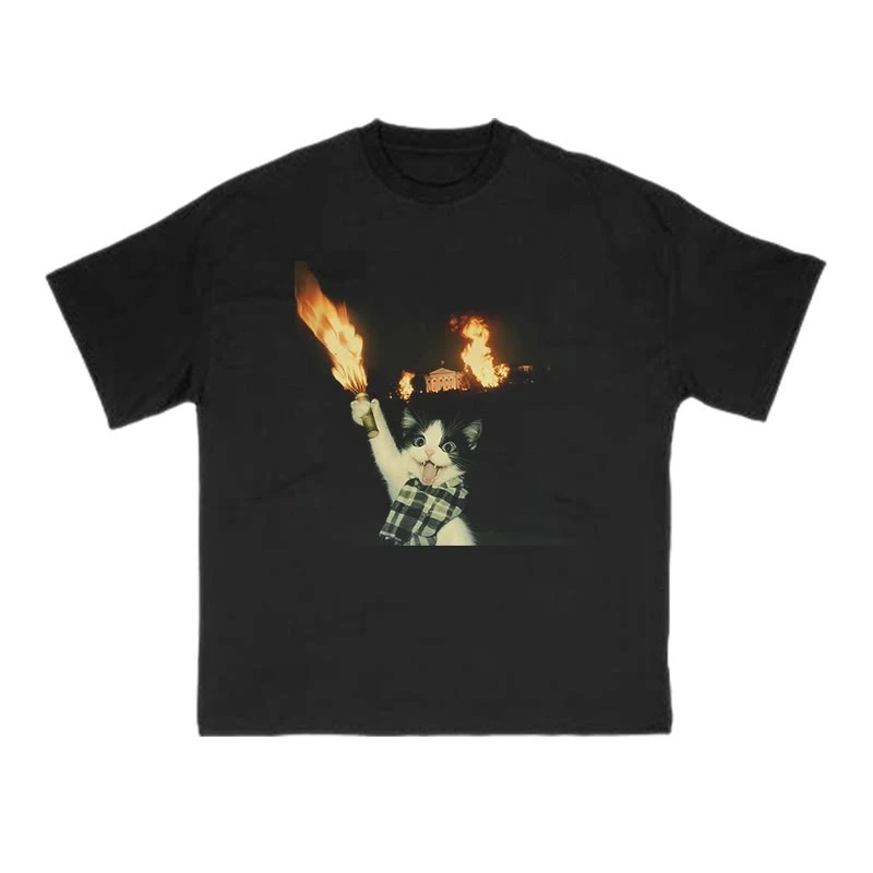 

Torch Cat Graphic Printing Summer Autumn Winter Cotton Men's and Women's T-shirts Short Sleeves Luxury Outdoor Sports Brand