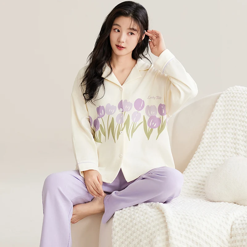 Purple Tulip Pajamas Set Women Sleepwear Cotton Long Sleeves Long Pants Autumn Winter Girl Pyjamas Soft Pijamas Cozy Button Cute