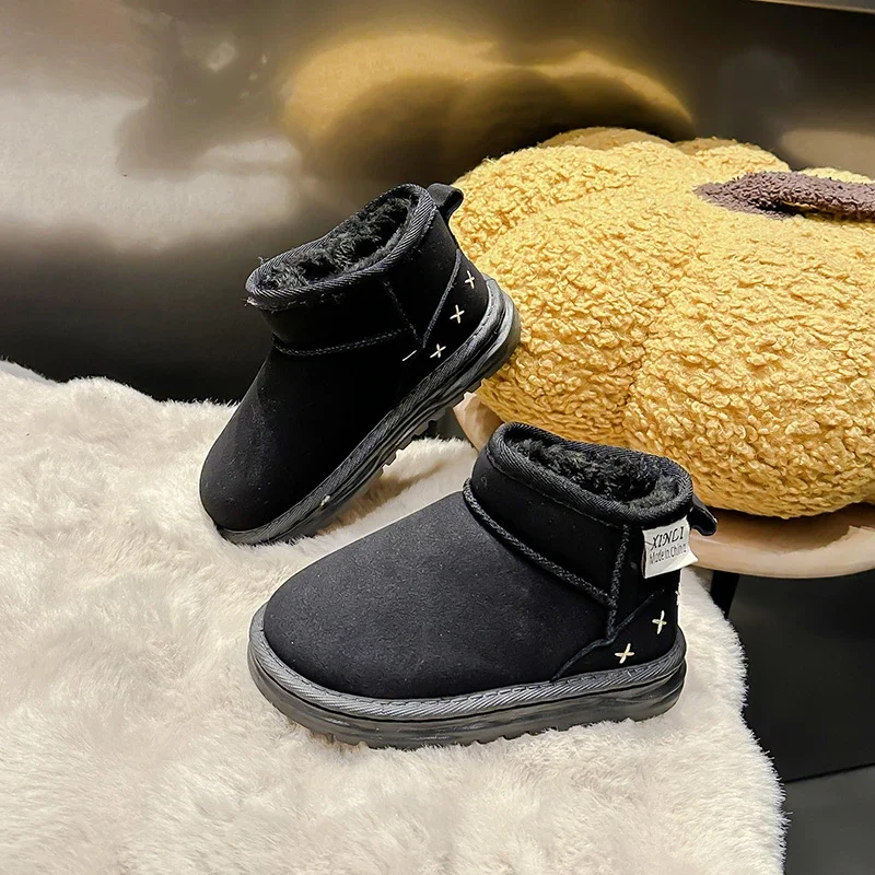 Unisex Kids Winter Suede‑Like Snow Boots, X Embroidery Fleece‑Lined Pull‑On Thick Anti‑Slip Sole Ankle Boots