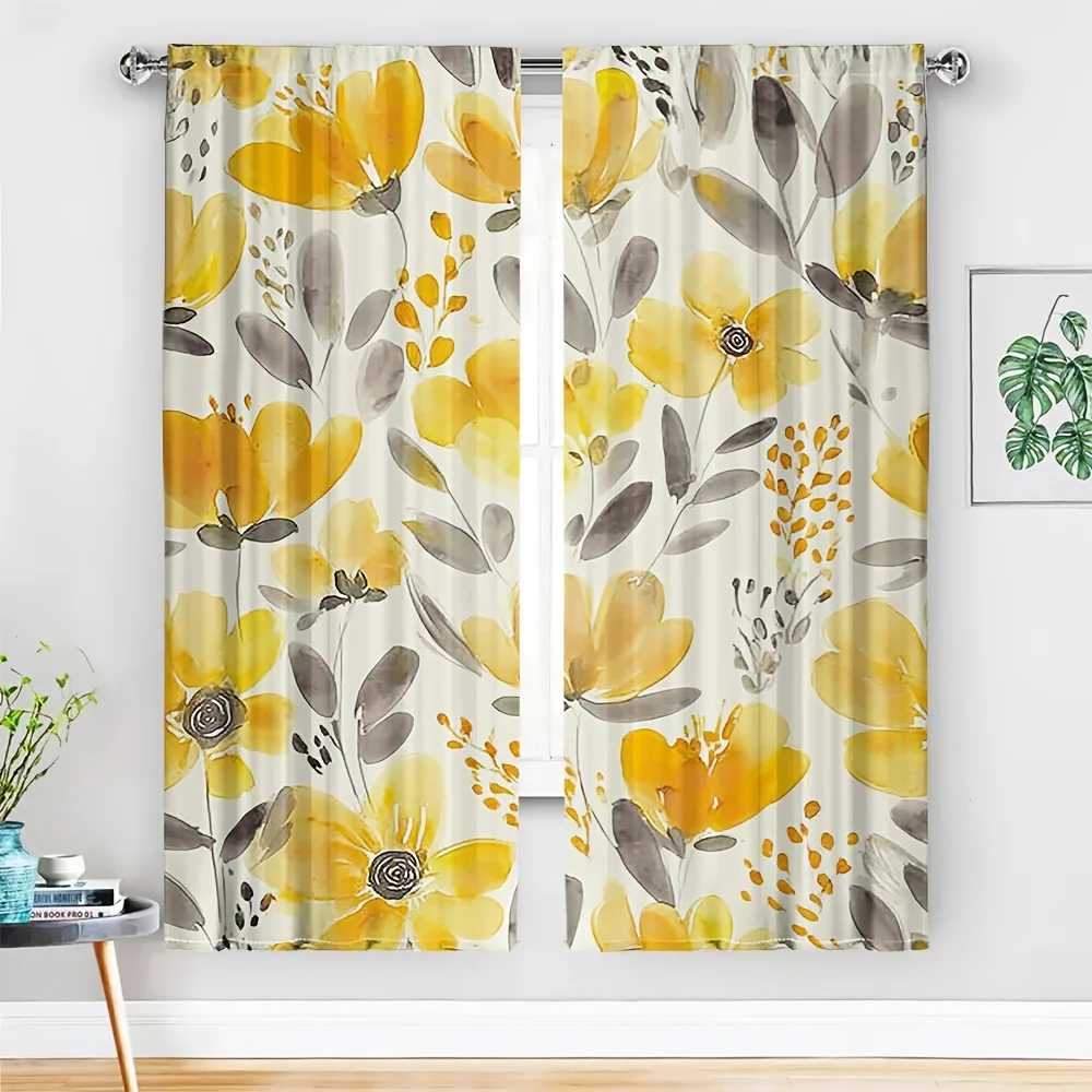 2pcs Watercolor Floral Curtain No Rod — Golden Yellow & Charcoal Grey Motif on Off-White Base, Hand-Rendered Style Digital Print