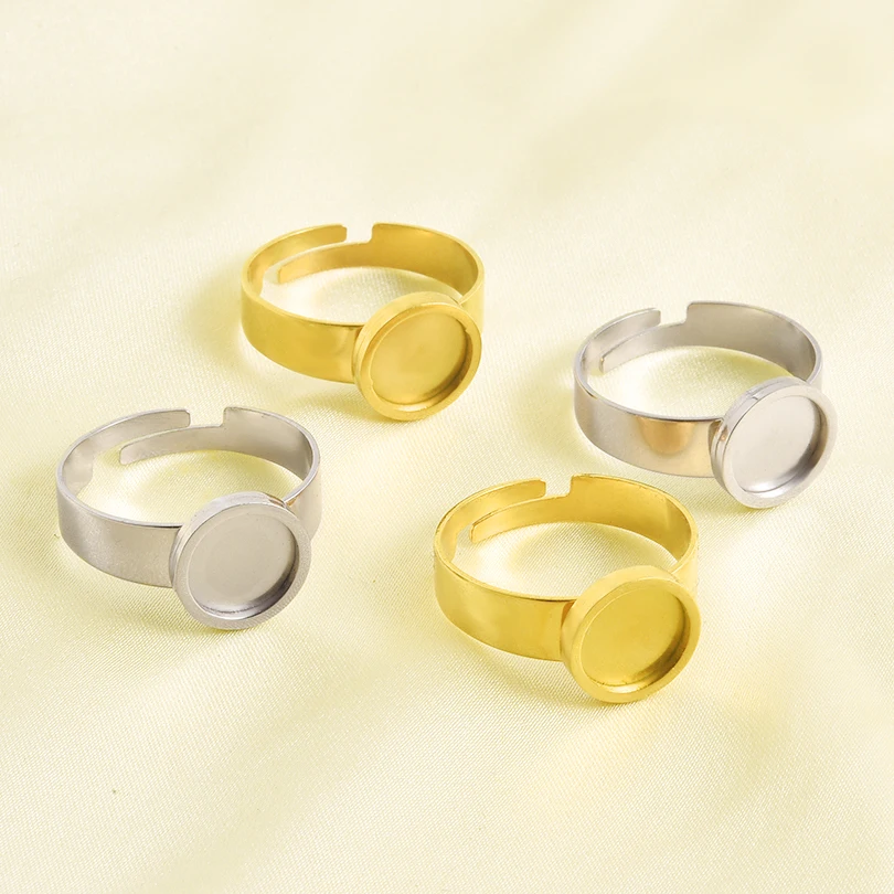 5Pcs Stainless Steel Gold Plated Adjustable Ring Settings Blank Base 10/12/16/17/20/22mm Cabochons Geometric Baffle DIY Ring