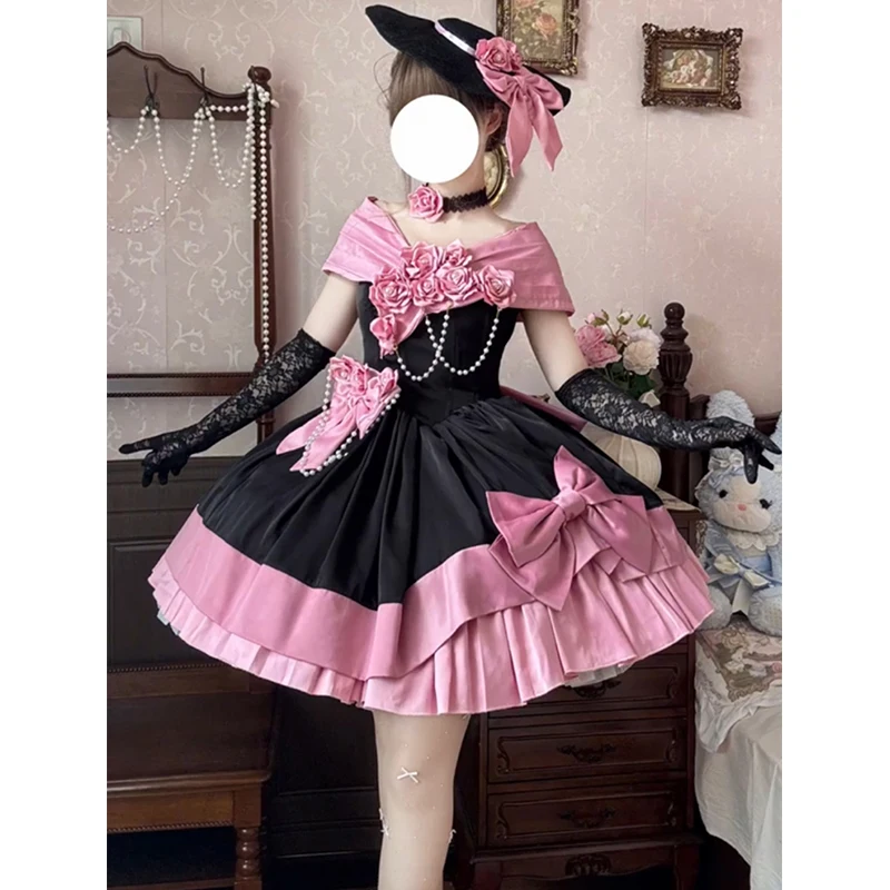 Elegante süße Prinzessin Lolita Abendkleid Off-Schulter 3D Blume Perlen Kette große Schleife Geburtstagsfeier Lolita kurzes Kleid Frauen
