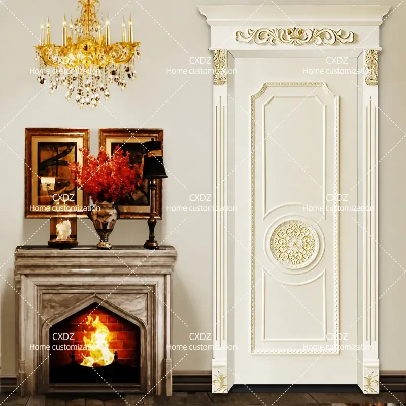 Ivory Beige French European Style Carved Gold Swing Door Composite Multi Layer Solid Wood for Bedroom Kitchen Bathroom