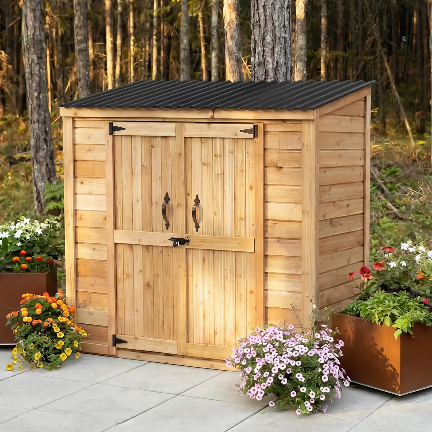 3x6 ft Cedar Wood Garden Storage Shed with Double Doors & Metal Roof, Customized