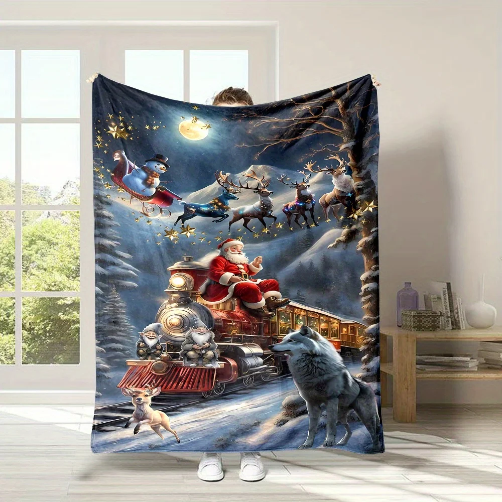 Santa Claus Christmas Train Throw Blanket Plush Winter Holiday Decor Cozy Festive Gift Xmas Home Warming Accent for Family