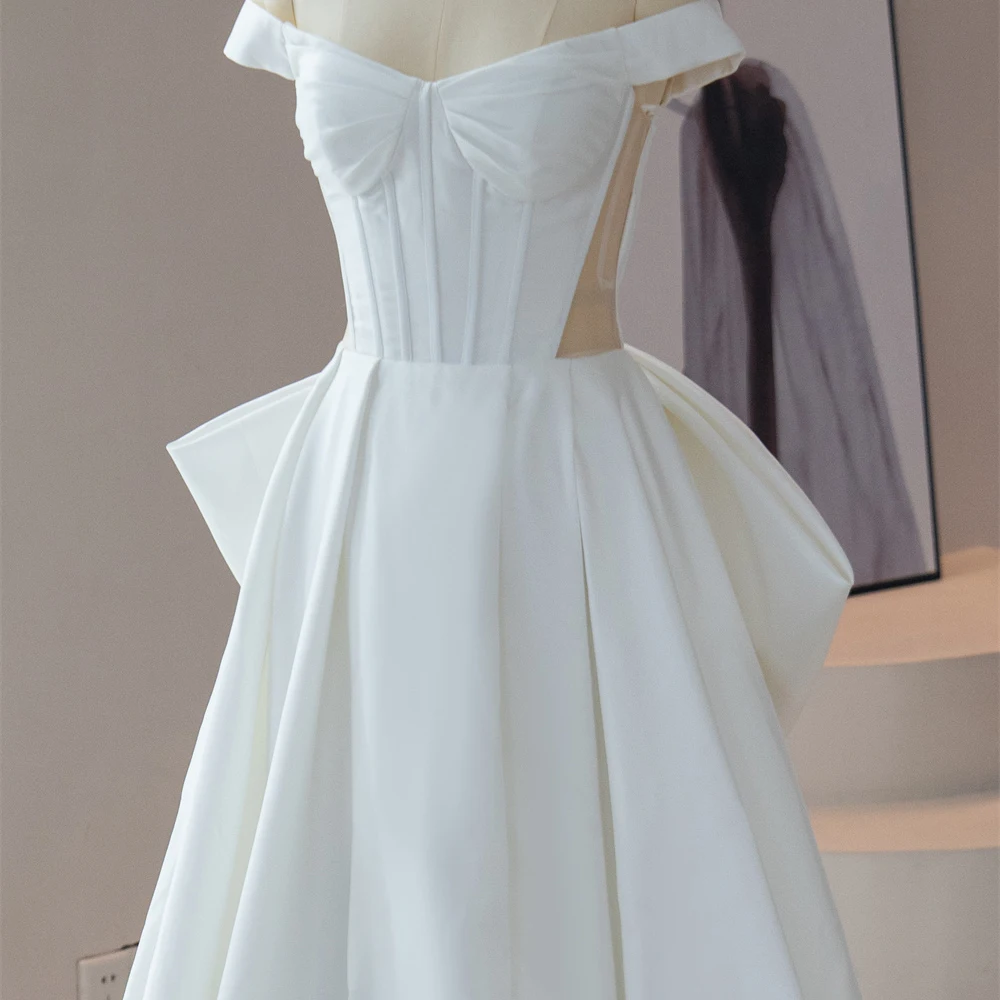 Classic Scoop Wedding Gowns for Women Satin A-line Short Sleeves Court Train With Bow Robe De Mariee Customised QD06375