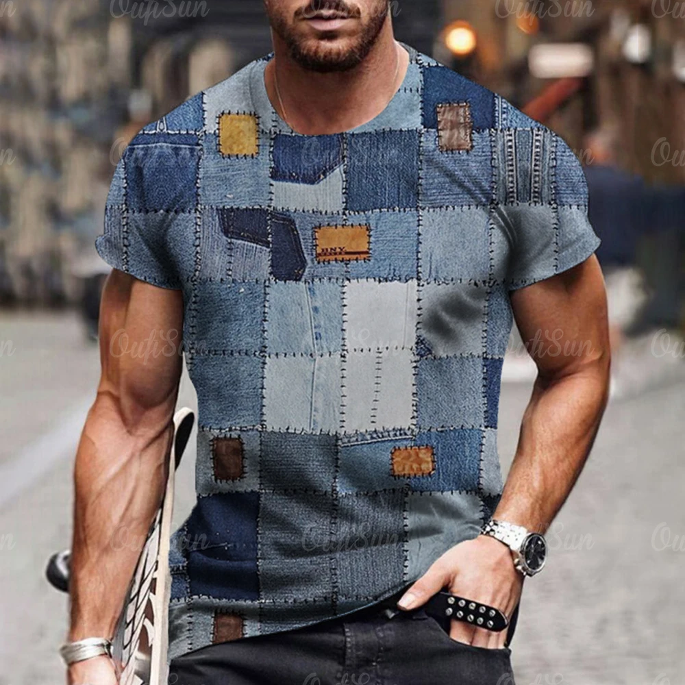 Summer Men's T Shirt Patch Pattern Print Casual Short Sleeve Funny T-Shirts Outdoor Street Fashion Oversized Male Clothing 5XL