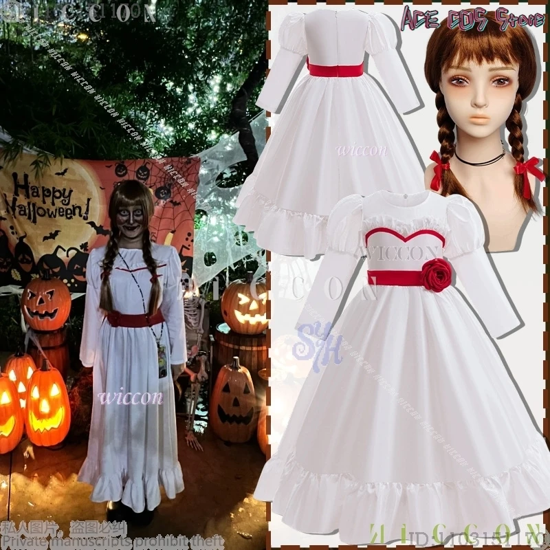 

Disfraz halloweeen costume Doll Styles White Dress children's Clothing Red Flower Lace Kawaii Uniform Lolita Wig Party Cosplay A