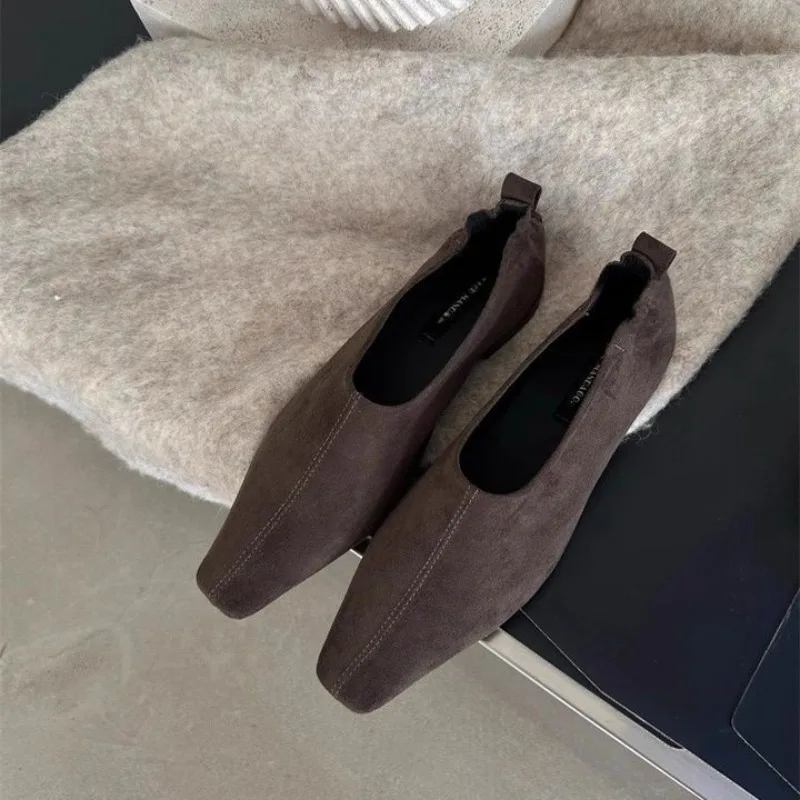 2026Women Shoes Retro Suede Leather Square Head Low-heeled Single Shoes Temperament Small Square Head Shallow Mouth Single Shoes