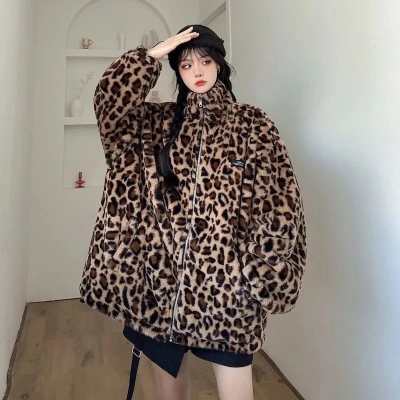 Autumn Pu Leopard Print Jacket Women Winter Fashion Two Sides Stand Collar Warm Outwear Y2K Loose Streetwear Korean Coats Q18