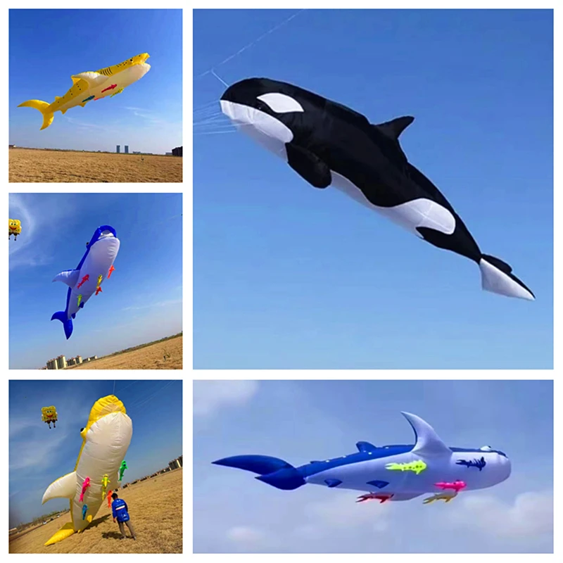 free shipping 10m killer whale multi-color fabric splicing skate pendant kite outdoor toys windsock shark kites kite line winder