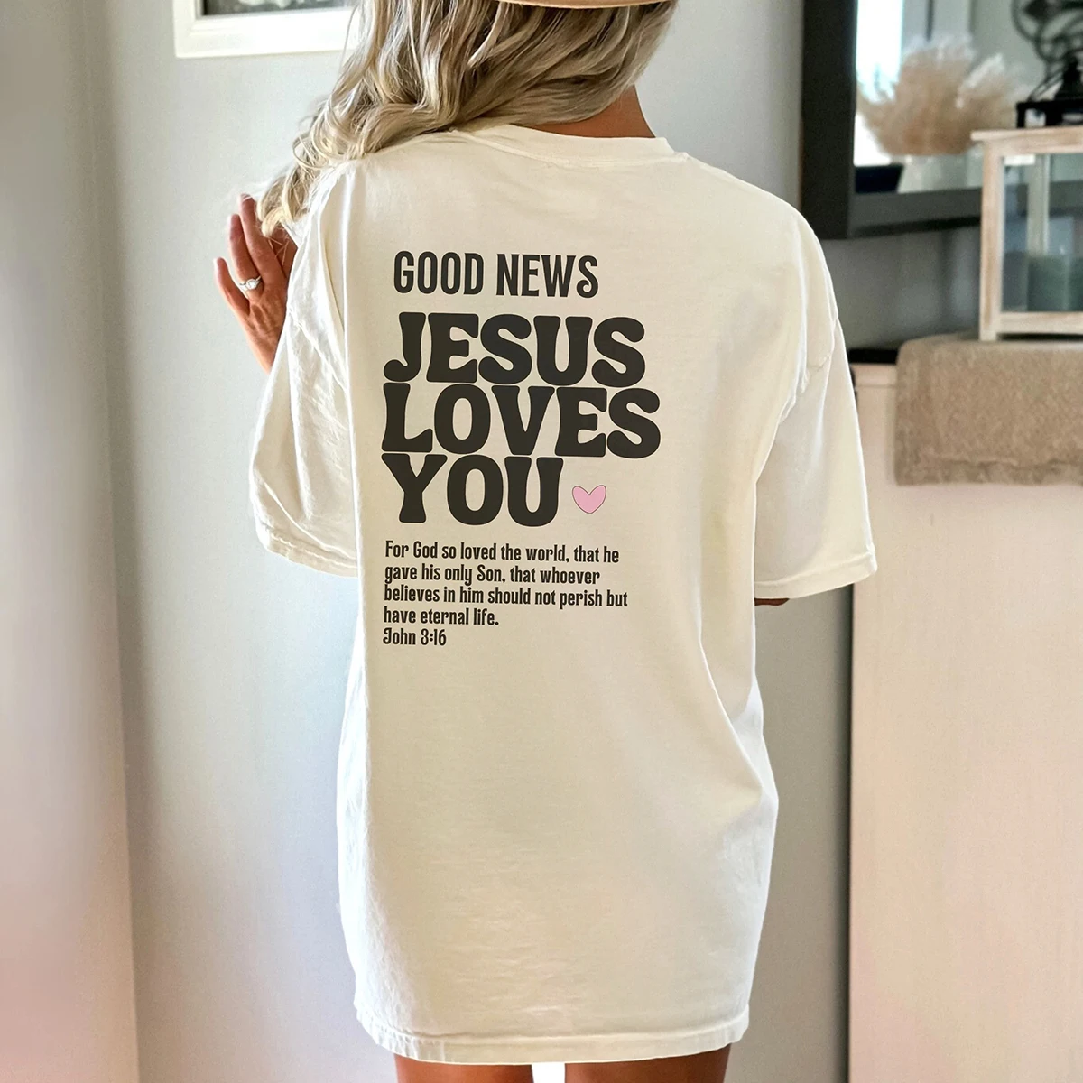 Good News Jesus Loves You Colored Oversized T-Shirt Christian Loose Tee Women Trendy Casual Cotton Aesthetic Top