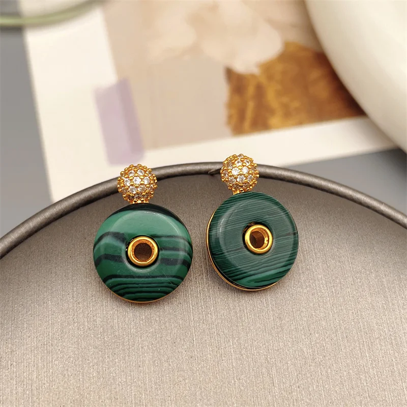 

European And American Retro Geometric Round Green Malachite Stud Earrings For Women Personality Elegant Fashion Luxury Earrings