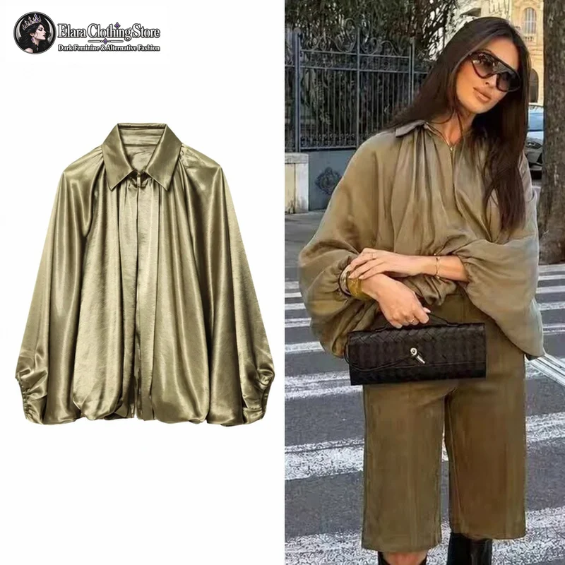 Elara European and American Style Fluffy Ruffled Age Reducing Doll Collar Women's Shirt Lantern Sleeves High-end Satin Jacket