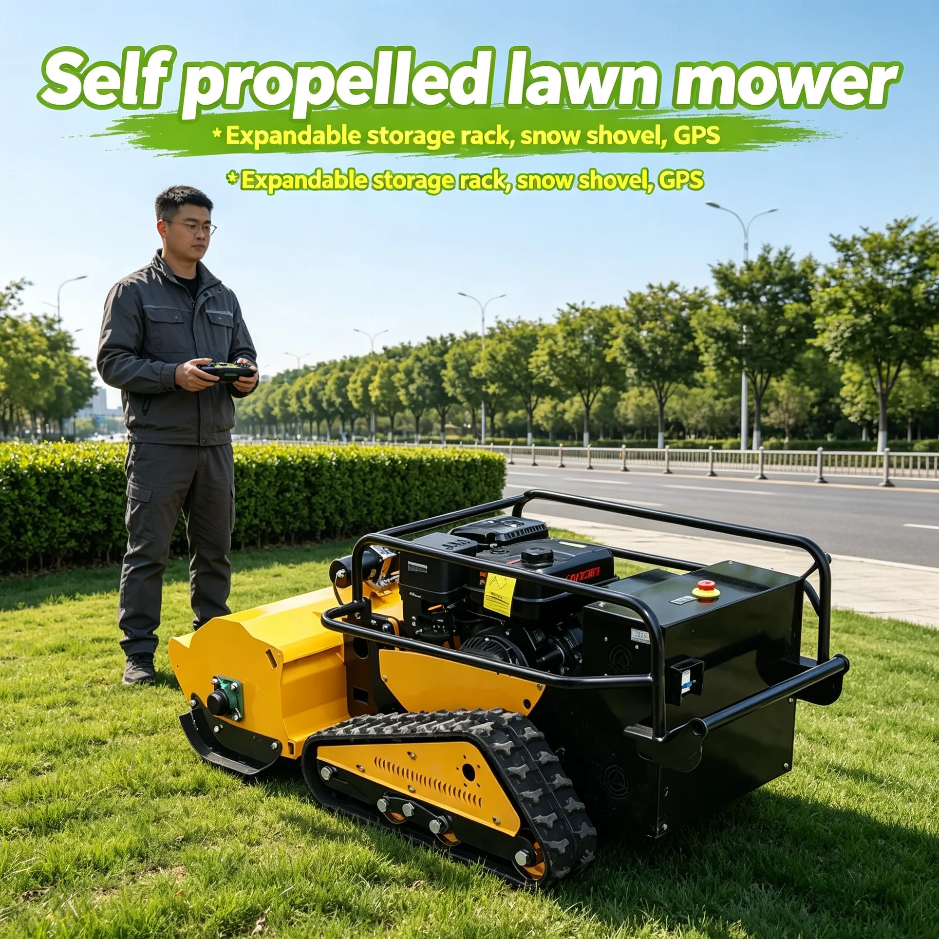 Customized Crawler Lawn Mower fitted warning light, CE Certified with adjustable cutting height for rugged hillside lawn mainten