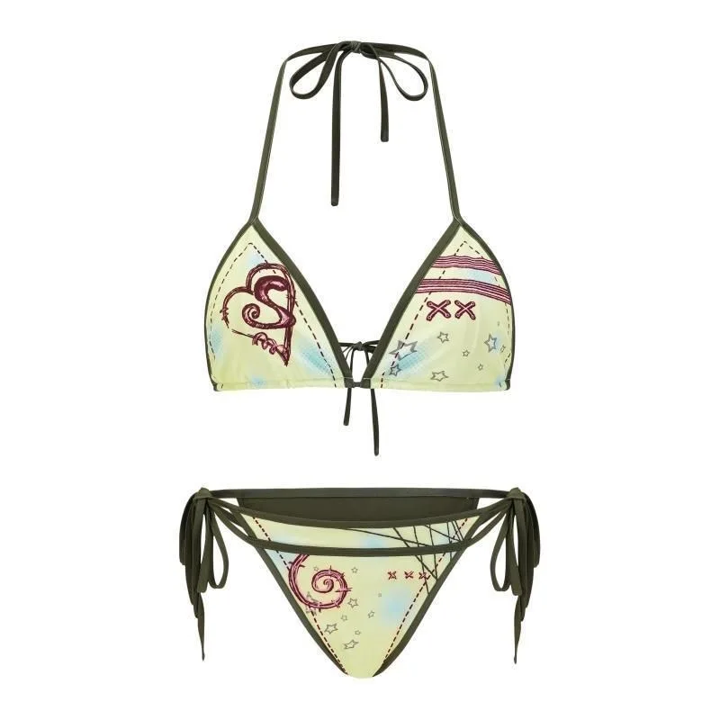 

Star Cross Print Bikini Set Women Y2K Halter Triangle Top Side Tie Slim Swimwear Summer Beach Bathing Suit