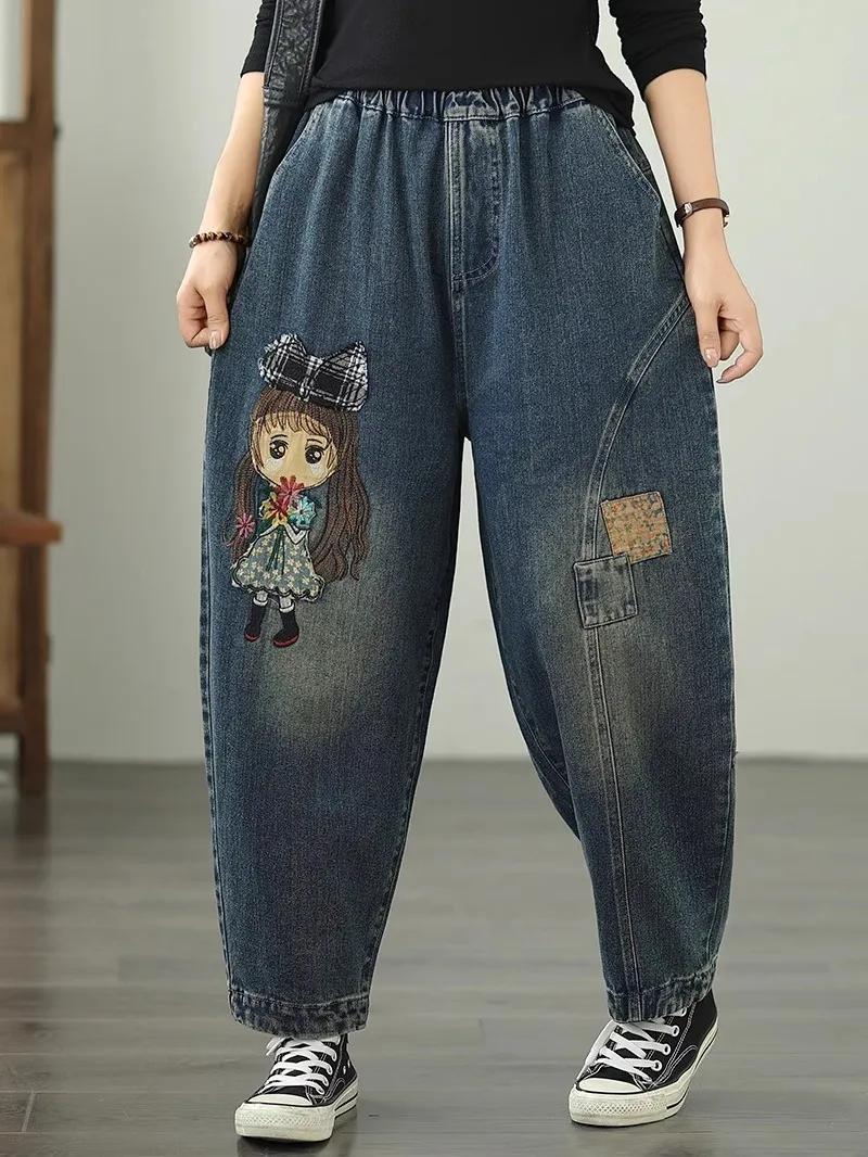 

Джинсы с высокой талией, оверсайз, с вышивкой и аппликацией, в стиле мультфильмов, модные, художественные, в стиле Харадзюку, в стиле «папины джинсы», синие, из смесового хлопка