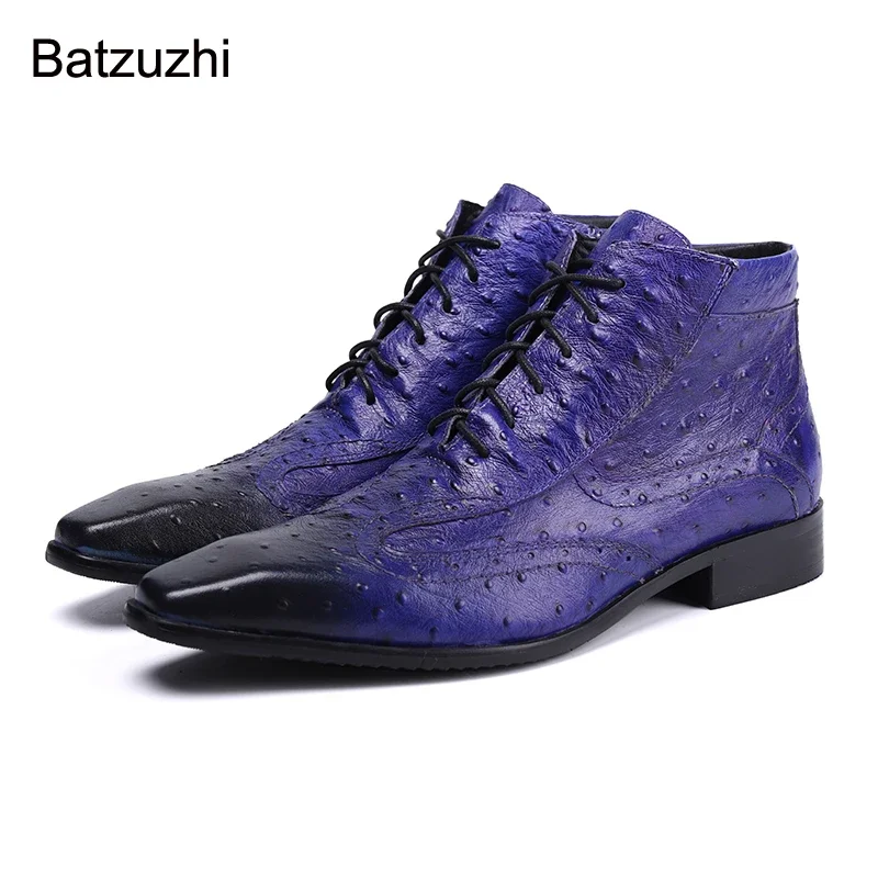 

Batzuzhi Super Cool Men's Boots Small Square Toe Blue Genuine Leather Ankle Boots Men Lace-up Business/Party Botas Hombre,38-46