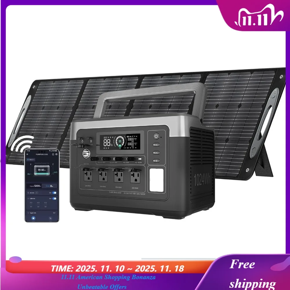 

Электростанция P1000 PLUS 1800 Вт с солнечной панелью 100 Вт, солнечный генератор 1024 Втч, быстрая зарядка 1200 Вт, аварийное управление через приложение