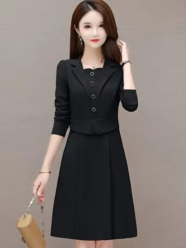 おしゃれなAラインドレススーツ襟付き秋新作着痩せママ服韓国風通勤長袖ミディドレス