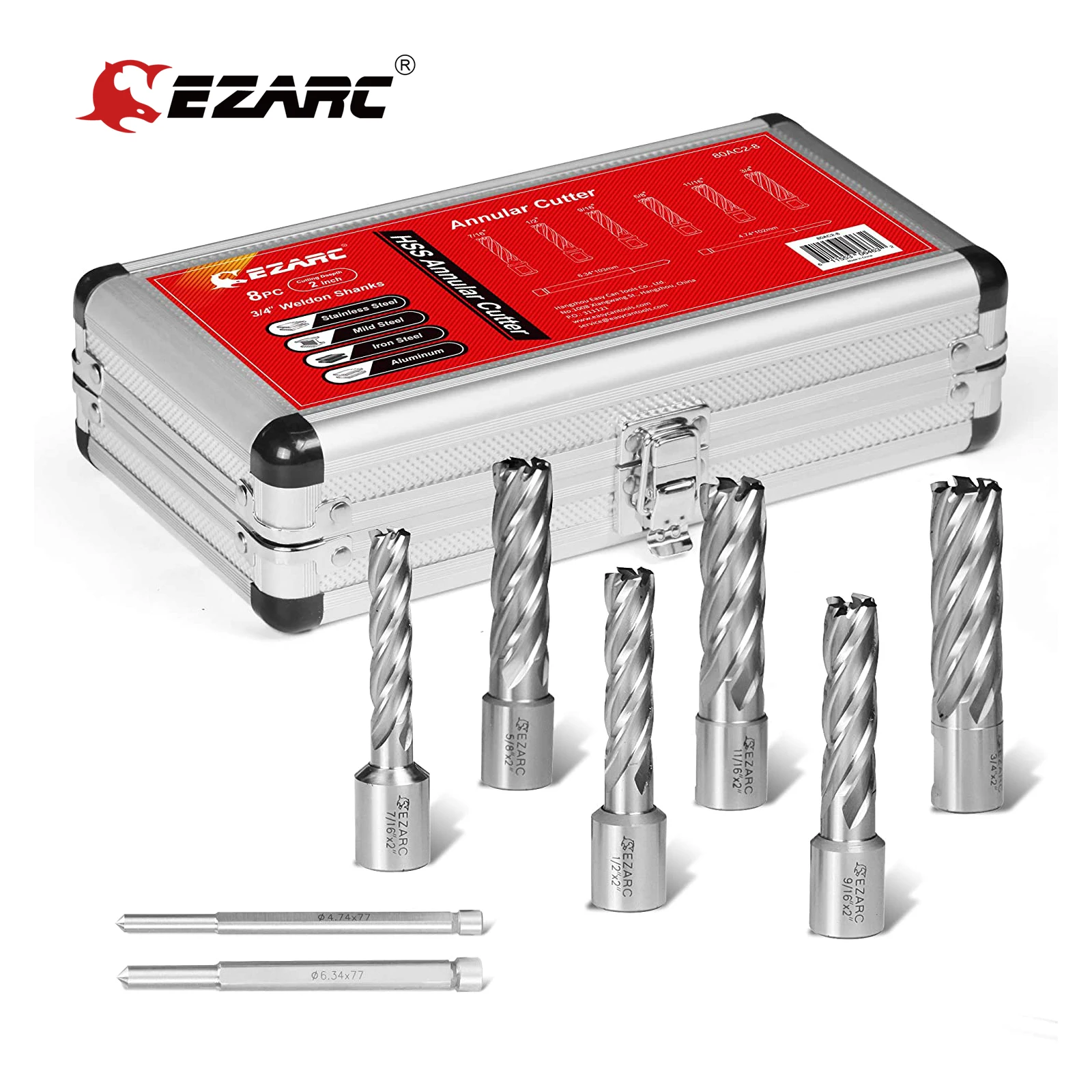 EZARC 8pcs HSS Annular Cutter Set, 11mm to 19mm Cutting Diameter x 50.8mm Cutting Depth 19mm Weldon Shank for Metal Drilling